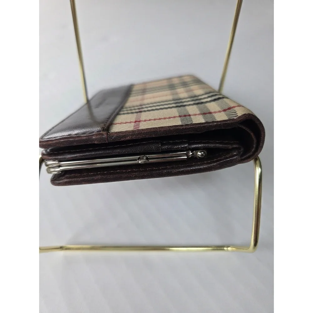 Burberry Nova Check Canvas Leather Bifold Wallet Brown Kiss Lock Coin Pouch